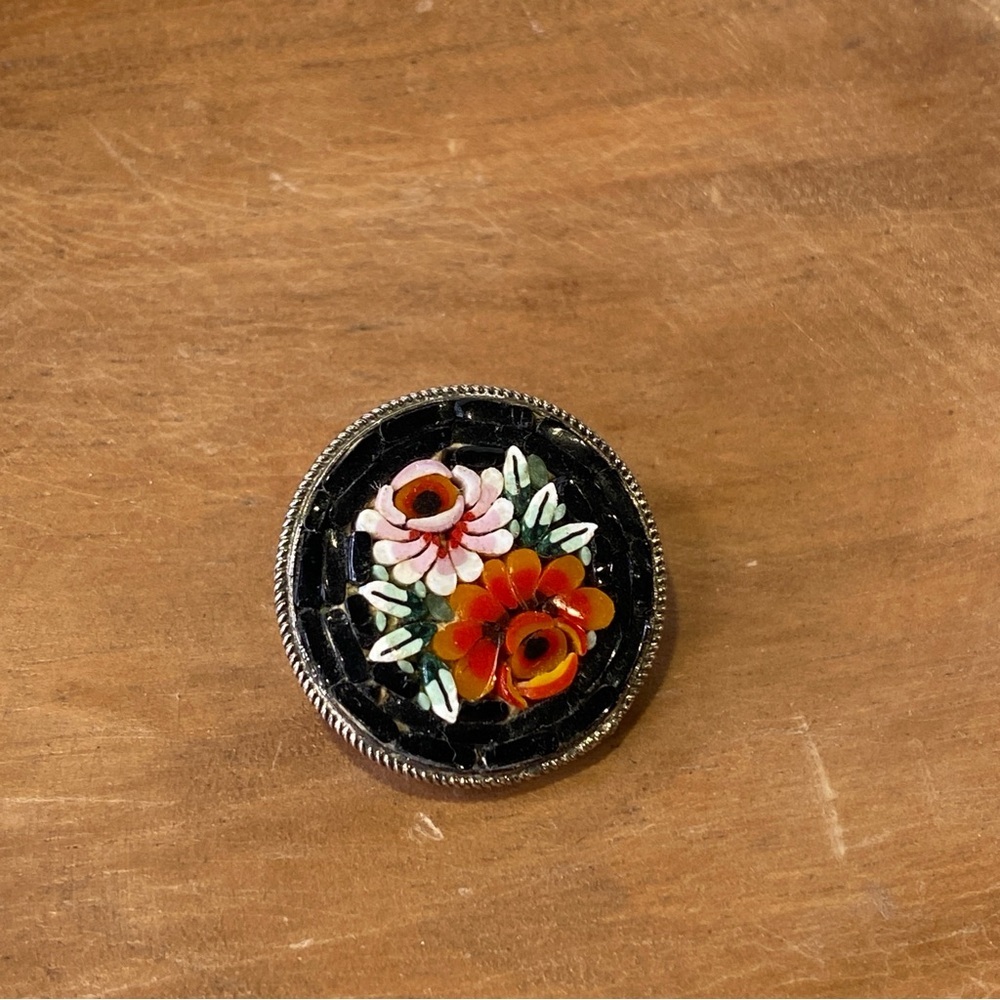 Vintage Micromosaic Italy Pin Brooch Black Pink Orange Glass Rose Flowers Leaves
